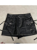 Getadme  Summer Women Vintage Pu Faux Leather Mini Hip Wrap Skirt Gyaru Punk Design 2000s Aesthetic Tide Y2k Streetwear Cyber Grunge 90s