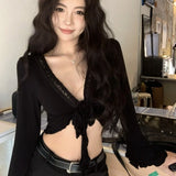 GETADME 2025 Streetwear Hollow Out Sexy Cardigan Y2k Aesthetic Slim Fit Bandage Grunge Cardigans Women Flare Sleeve Harajuku Crop Coats