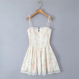 GETADME Summer 2025 Women Lace Spliced Floral Print Sling Mini Dress Low Waist A-line Sexy Elegant Party Dresses Holiday Robe