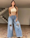 GETADME Women's XS-XL size 2025 Summer New High Waist Retro Loose Hole Wide Leg Pants Light Color Washed New Jeans Women's Pants jeans
