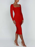GETADME 가을/겨울 여성 섹시 바디콘 드레스 스퀘어넥 긴팔 여성 이브닝 드레스