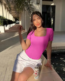 GETADME 여름 섹시 반팔 리브 스퀘어넥 통 바디수트 원피스 스퀘어 바디수트 복부 관리 바디 셰이퍼 배