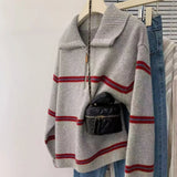 GETADME New autumn and winter zipper striped lapel women sweater loose lazy casual contrast sweater pullover men and women knitted tops