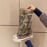 Getadme 여성용 봄 그래피티 하이 캔버스 부츠 라운드 헤드 미들 팔로우 미끄럼 방지 부츠 여성 레저 패션 고무 밑창 보타 무제