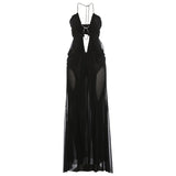 GETADME Nibber Prom Party Gown Dress Woman Sexy See Through Luxury Chain Halter Low-Neck Backless Sleeveless Midnight Elegant Vestidos