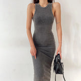 GETADME 2025 New Solid Basic Vintage Sleeveless Ribbed Bodycon Women's Summer Knit Dress Casual Sexy Slim Hip-cover Midi Dress For Women
