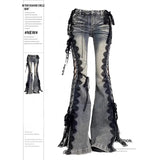 GETADME Women Dark Academia Goblin Core Harajuku Y2K Low Rise Lace Jeans Abi Denim Flare Pants Bell-Bottom Y2k Japanese Goth Gyaru Kpop