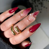 GETADME 24Pcs 3D Strawberry Rabbit Flower Fake Nails Press on Mid-length Almond Wearable False Nails Green Gradient Pearl Manicure Tips