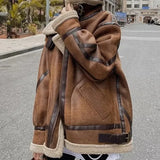 Getadme Winter Sheepskin Women Vintage Coat Faux Fur Suede Leather Women Warm Jacket Zipper Long Sleeve Short Casual Outwear