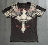 GETADME Gothic Vintage Distressed T-Shirt Two-in-One Skeleton Print Layered Top Y2K Retro Streetwear Loose Fit Harajuku Fashion Tee