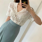 GETADME Sheer Embroidery Lace Blouse Cover Up Top Short Sleeve Button Front Cardigan Women Summer Boho Vacation Outfit
