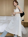 Women Sexy Hollow Out  Lace Dresses Chic Solid Bandage Design Mid-calf Summer Simple Cross Elegant Korean Style Party Dresses