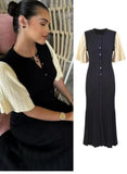 GETADME Elegant Knitted Single Breasted Midi Dress Women's Fashion Patchwork Curvy Dresses Female Casual 2025 Spring Summer Apricot New