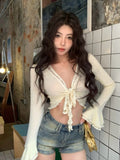 GETADME 2025 Streetwear Hollow Out Sexy Cardigan Y2k Aesthetic Slim Fit Bandage Grunge Cardigans Women Flare Sleeve Harajuku Crop Coats