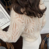 GETADME 2025 Autumn Elegant Hollow Out Knitted Tops Cardigan Women Sweater Coat Pullovers Office-lady Sweet Clothing