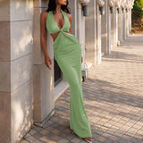 GETADME 2025 Ladies Elegant Sexy Halter Hollow Out Deep V Neck Solid Ruched Slimming Evening Party Maxi Backless Dresses Clubwear