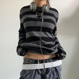 GETADME Women Fairy Grunge Knit Basic Shirt Autumn Y2K Grey Black Striped Long Sleeve Round Neck Tops Emo Tee