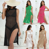 여성 여름 섹시 할로우 아웃 니트 비치 커버업 더블 사이드 슬릿 드레스 여성 비치웨어 라운드 넥 민소매 의류