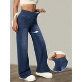 GETADME Women's Jeans New Elastic Waist High Stretch Loose Straight-Leg Pants Trendy Comfortable Versatile Cross-Border