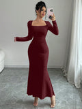 GETADME Women's Four Seasons New Style Women's Elegant Temperament Retro Solid Color Square Collar Long Sleeve Dress