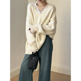 GETADME Lace Trim Warm Sweater for Women V Neck Long Sleeve Winter Loose Soft Top Knit Sweater