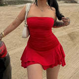 GETADME Summer New Women Dresses Strapless Sexy Sleeveless Pleated Pure Color Casual Mini Dress Streetwear Women Fashion Clothing