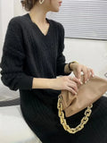 Getadme New in Women's Winter Sweater Long Dress 2024 Vintage Elegant V-Neck Pullover Knitted Fashionable Commuting Women's Clothing
