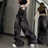 GETADME Unique Cool Ripped Jeans Women's Summer Distressed American Style Bell Bottoms Loose Fit Versatile Straight Leg Long Pants