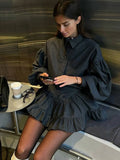 GETADME Plaid 2 Pieces Suits Women 2025 Spring Lapel Lantern Sleeves Single Breasted Shirt A-line Pleated Mini Skirt Female Vintage Sets