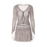 GETADME Spring Sexy Leopard Printed Lace Trim Long Sleeve V Neck Lace Up Cardigan+Mini Skirts Midnight Party Vacation Outfits Clubwear