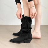GETADME Women Western Cowboy Boots 2025 Autumn Suede Leather Ladies Shoe Elegant Slip on Mid Calf Booties Vintage Thick Heel Pointed Toe