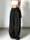 GETADME Women's Black High Waist Wide Leg Suit Pants Pleated Front Side Tie Detail Loose Fit Casual Streetwear Spring Summer Trousers