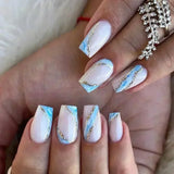 GETADME 24Pcs Short Square Coffin False Nails Square Fake Nails with Glue French Glitter Wearable Acrylic Nails Set Press on Nail Tips