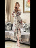 Getadme 2025 Summer French Vintage Boho Print Midi Dress Women Casual Elegant One Shoulder Dress Korean Fashion Even Party Female Chic