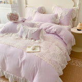 GETADME 3/4Pcs Korean Princess-Style Bow Lace Ruffle Green Bedding Set 2-Person Boiled Cotton Bed Linen Duvet Cover Pillowcase Included