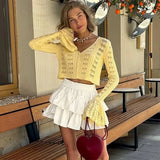 GETADME Trendix 여성용 여름 니트 긴팔 카디건 V넥 솔리드 바디콘 홀로우 아웃 숏 탑 파티 클럽 슬림 베케이션 탑 여성