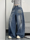 GETADME American high street floor embroidered denim retro women's autumn new high waisted loose wide leg pants Y2K straight leg pants