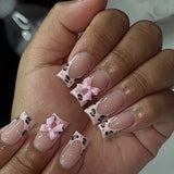 GETADME 24pcs Upgrade Your Look With Pink leopard print bow full coverage false nail set 1pc Nail File & 1Nail Glue Sticker Kit Nails