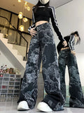 Getadme-Dragon pattern print design Vintage Y2K jeans women autumn and winter personalized graffiti straight wide leg pants Streetwear