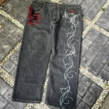 GETADME Streetwear Y2K Gothic Denim Trousers Harajuku Punk Dinosaur Embroidery Washed Jeans Hip Hop Wide Leg Oversized Jeans Mens Womens