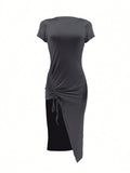 GETADME Women's Plain Ruched Drawstring Split Thigh Bodycon Dress, Asymmetrical Round Neck Shortsleeve Dress, Ladies Dress