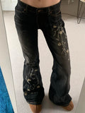 Jean GETADME Weekeep à broderie florale vintage années 2000, taille basse, évasé, style rétro Y2K, pantalon en denim baggy, basique de la mode urbaine.