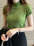 GETADME Women's Half-High Neck T-Shirt Fashion Jumper Casual Tops Korean Style Elegant Solid-Coloured Clothing Spring And Summer Season