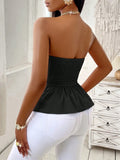 GETADME Women's Strapless Top Solid Black Slim Fit Peplum Wrap Front Belted Waist Spring Summer Casual Elegant Top Commuting & Vacation