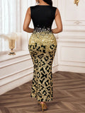 GETADME Elegant Leopard Print Sequin Fishtail Dress for Women, Black & Gold, Sleeveless, Party Evening Wear
