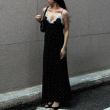 GETADME 툴라로즈 레이스 스파게티 스트랩 롱 드레스 여성용 우아한 레트로 V넥 폴카 도트 슬리브리스 드레스 여름 패치워크 파티 드레스