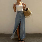 GETADME Long Skirt Women Vintage Denim Split Hip Skirts High Waist Button Stretch Washed Distressed A Line Female 2025 Streetwear
