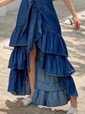 GETADME Women Denim Skirt High Waist with Belt Asymmetric Hem Plain Knot Waist Flounce Layered Hem Plus Size Vintage Casual Long Skirt