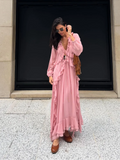 GETADME Elegant Solid Multiple Flounces Lace Up Dresses Chic Loose V Neck Full Sleeve Robes New Lady Summer Commute Vacation Gown 2025