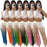 GETADME Gradient Color Crochet Two Piece Set for Women Summer Beach Crop Top and Wide Leg Pants Tassel Hollow Out Hole Vacation Outfits